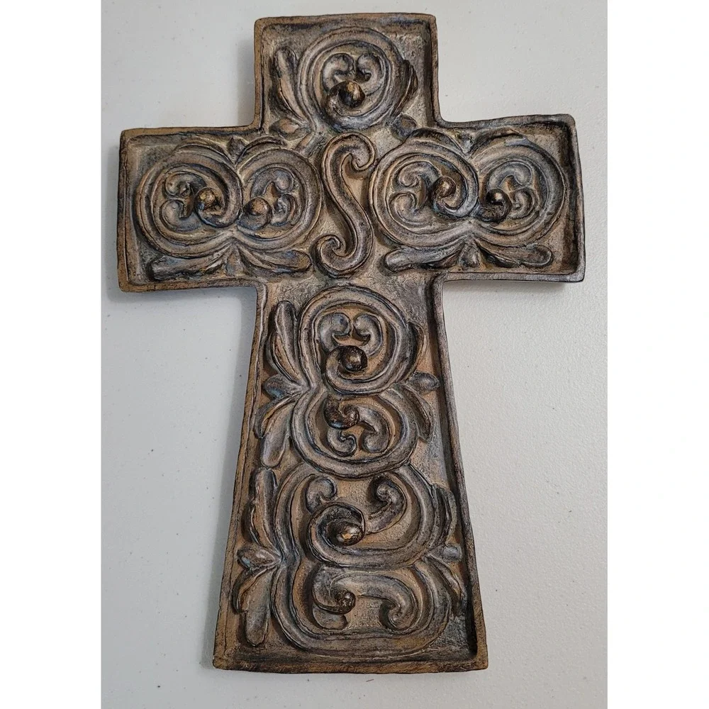 Ornate Scrollwork Wall Cross Bronze Finish Rustic Religious Home Decor 9.5 Inch